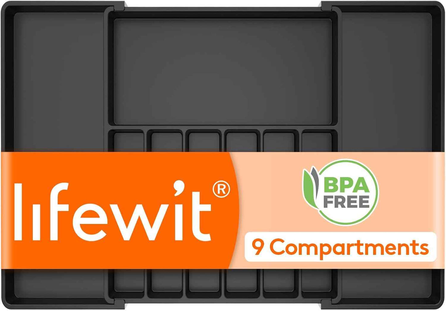 Lifewit Large Silverware Drawer Organizer, Expandable Utensil Tray for Kitchen, BPA Free Flatware and Cutlery Holder, Adjustable Plastic Storage for Spoons Forks Knives, Large, Black