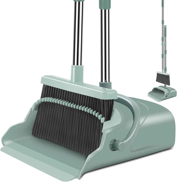 kelamayi Upgrade Broom and Dustpan Set, Self-Cleaning with Dustpan Teeth, Ideal for Dog Cat Pets Home Use, Super Long Handle Upright Stand Up Broom and Dustpan Set (Brown)
