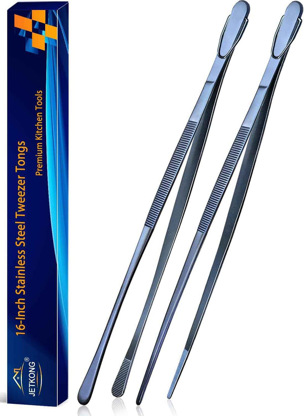 JETKONG 2 Pcs 12-Inch Kitchen Tweezers Fine Tweezer Tongs, Extra-Long Stainless Steel Cooking Tweezers (Silver)