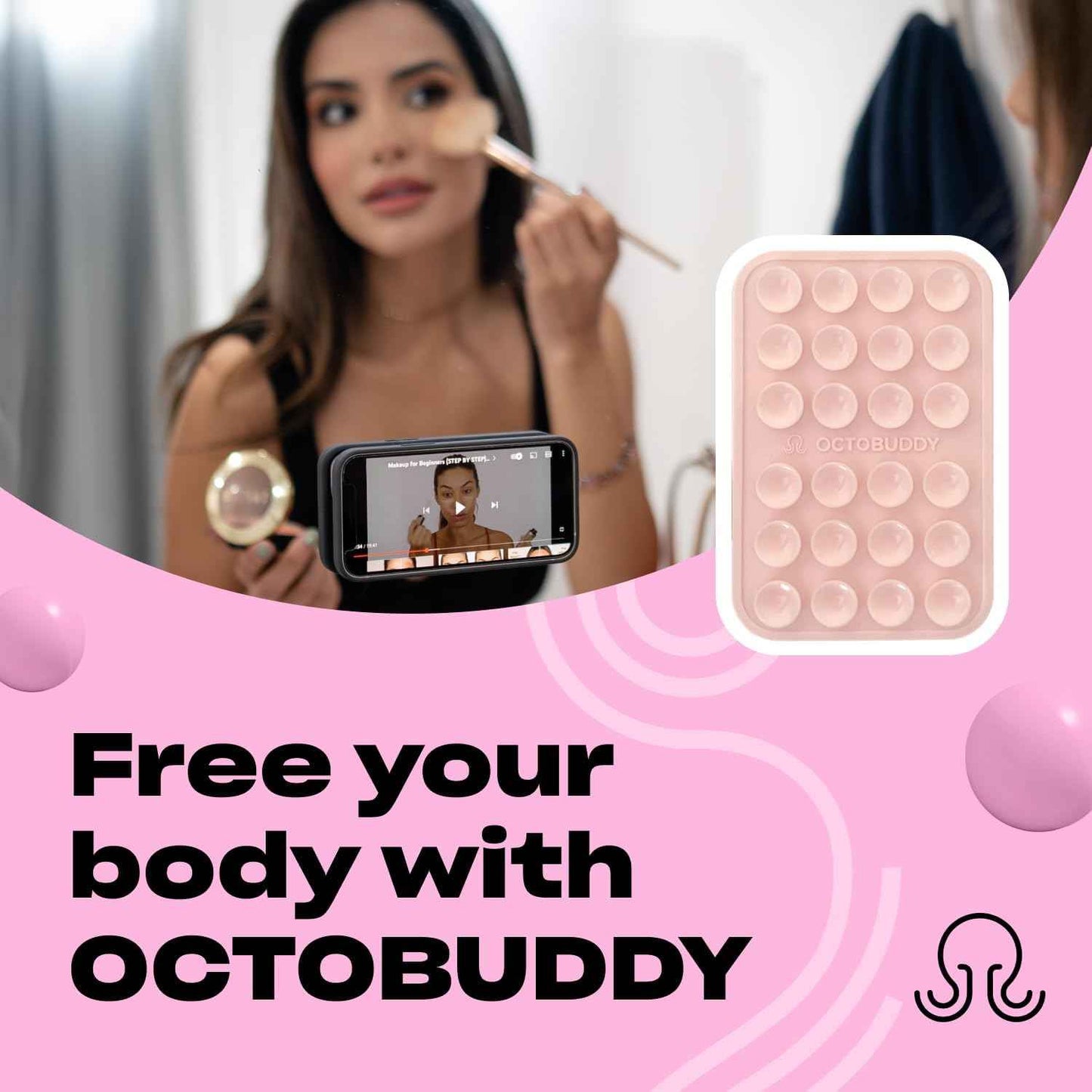 OCTOBUDDY Classic - Silicone Suction Phone Case Adhesive Mount - Hands-Free, Strong Grip Holder for Selfies and Videos - iPhone and Android Compatible - 2.25″ x 3.25″, Chalk Pink