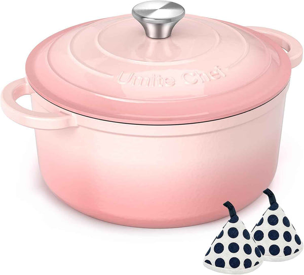 Enameled Cast Iron Dutch Oven - Umite Chef 5QT Pot with Lid & Cotton Potholders - Heavy-Duty Cookware for Bread Baking, Braising, Stews, Roasting(Cream White)