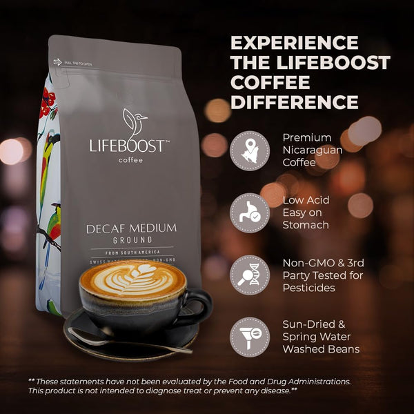 Lifeboost Medium Roast Swiss Water Decaf Coffee Ground - Non-GMO, Low Acid, Single Origin USDA Organic