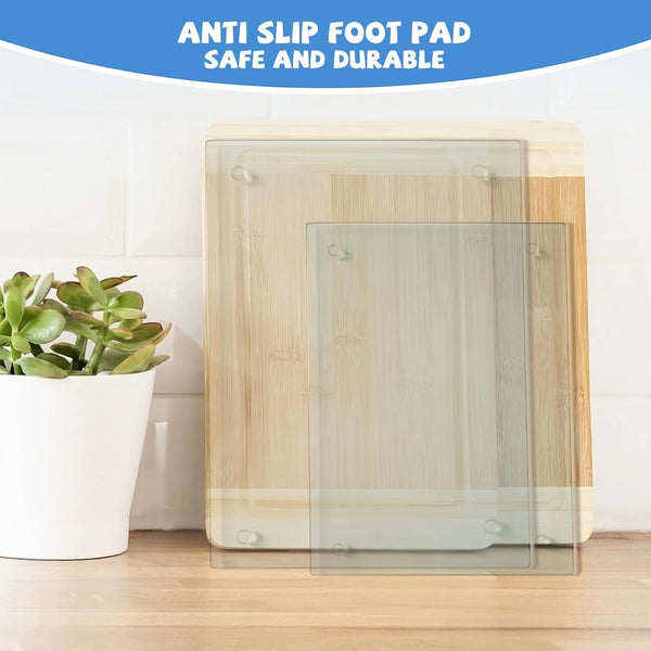 Tempered glass cutting board for kitchen use, 2 pieces, 12x16 and 12x8 inches, clear, heat resistant, non-slip feet