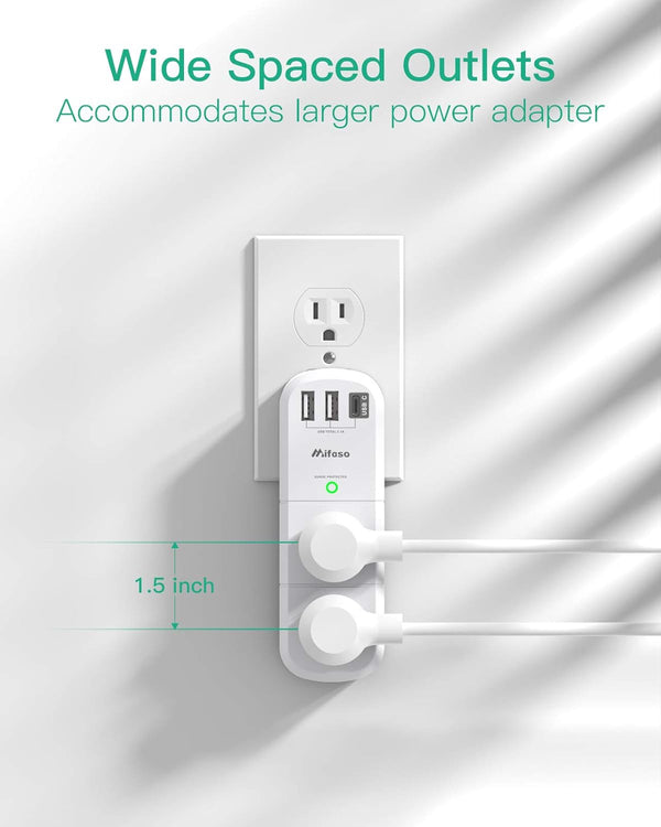 mifaso 3 sided swivel rotating plug surge protector with 6 ac multi plug wall outlets and 3 usb ports