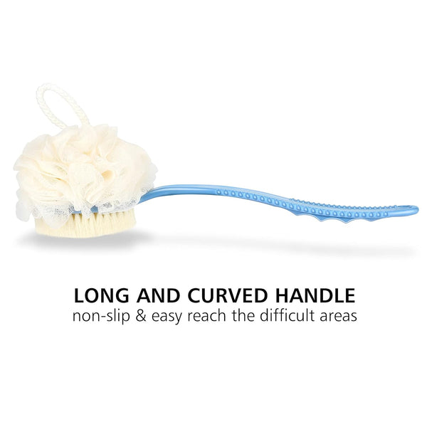 Shower body brush with bristles and loofah for skin exfoliating bath, curved long handle for back and feet, suitable for wet or dry use, men and women, blue
