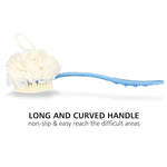 Shower body brush with bristles and loofah for skin exfoliating bath, curved long handle for back and feet, suitable for wet or dry use, men and women, blue