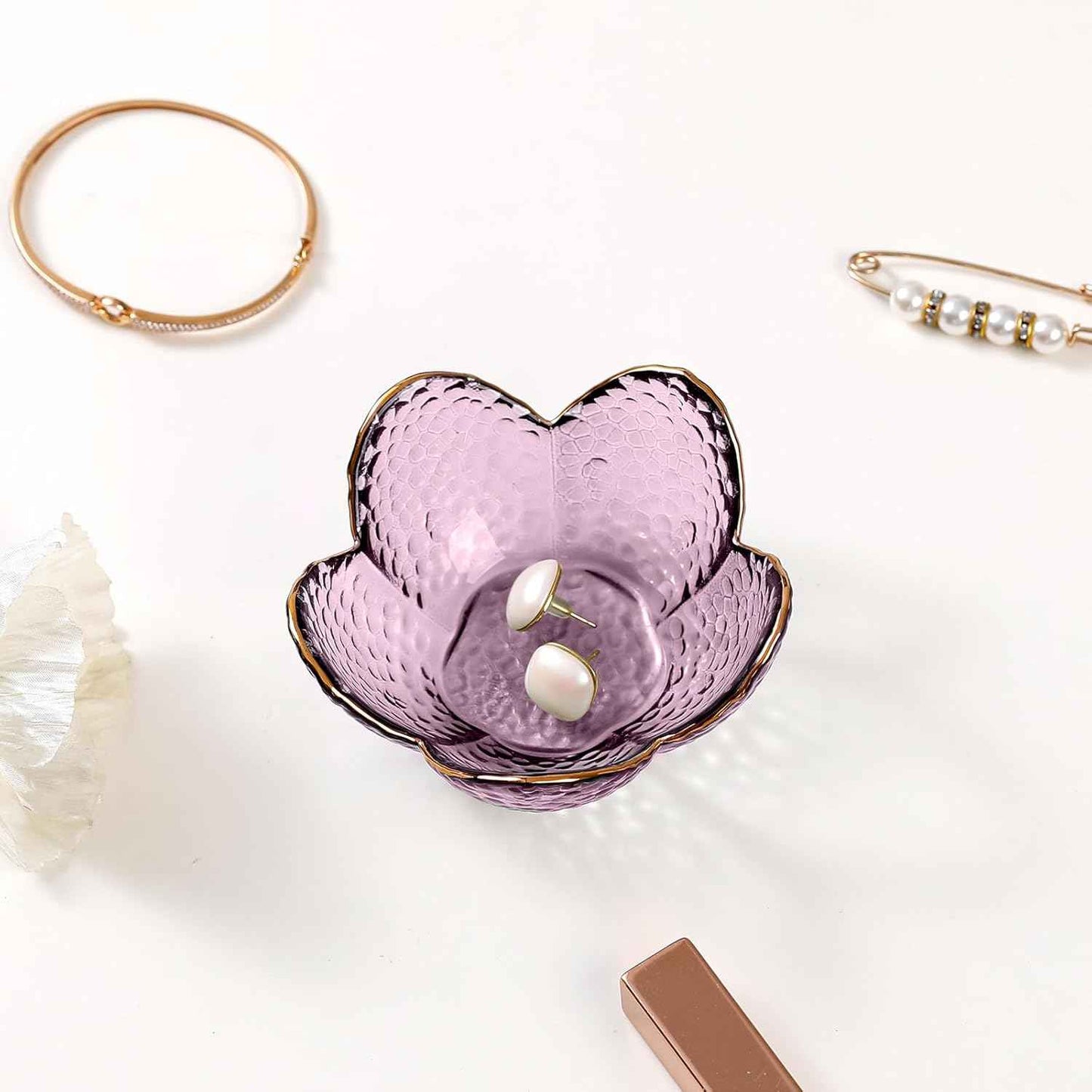 Purple Flower Jewelry Dish Glass Ring Holder Dish Jewelry Tray Cute Vanity Organizer Aesthetic Nightstand Bathroom Room Decor Trinket Dish Valentine's Friendship Christmas Birthday Gifts for Women