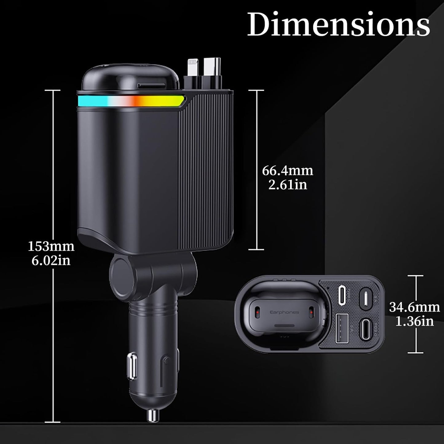 MLVOC 120W Fast Charging Car Charger with Earbuds, Retractable 4-in-1 USB-C & Lightning for iPhone & Android (Black) - Rayz Mart