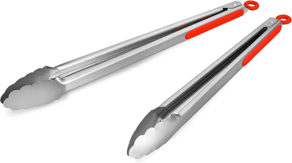 304 Stainless Steel Kitchen Cooking Tongs, 9" and 12" Set of 2 Sturdy Grilling Barbeque Brushed Locking Food Tongs with Ergonomic Grip, Black