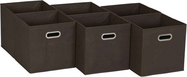 Household Essentials Foldable Fabric Storage Bins 6 Piece Set, Strong Poly-Woven Fabric, Sturdy Chipboard Sides, Grommet Front Handle, Stackable and Foldable, Classic Design, Black