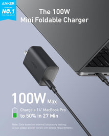 Anker Laptop Charger, 100W Foldable Type C Charger Fast Charging for MacBook, iPhone 17 Series, and All USB C Devices(6FT USB-C Cable Included, Compatible with MagSafe)