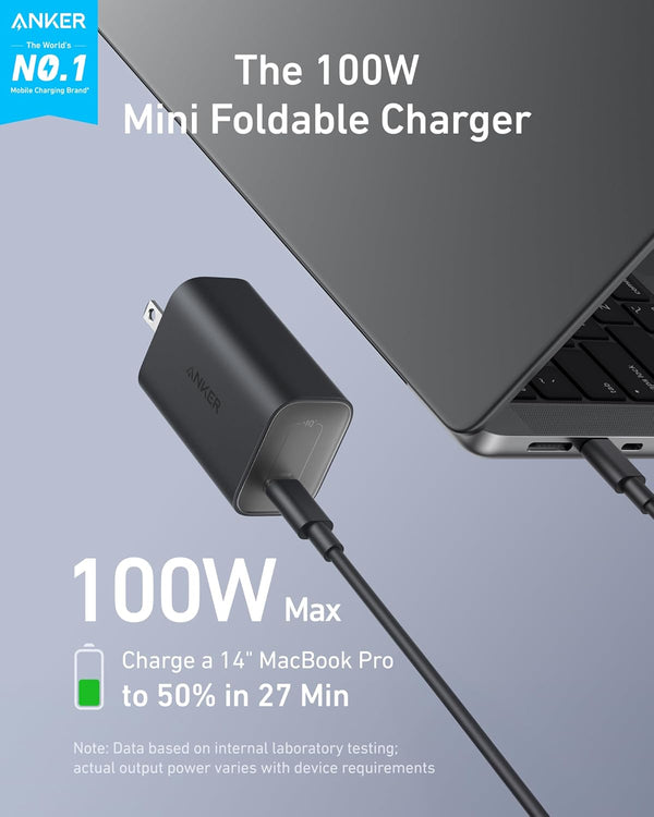 Anker Laptop Charger, 100W Foldable Type C Charger Fast Charging for MacBook, iPhone 17 Series, and All USB C Devices(6FT USB-C Cable Included, Compatible with MagSafe)