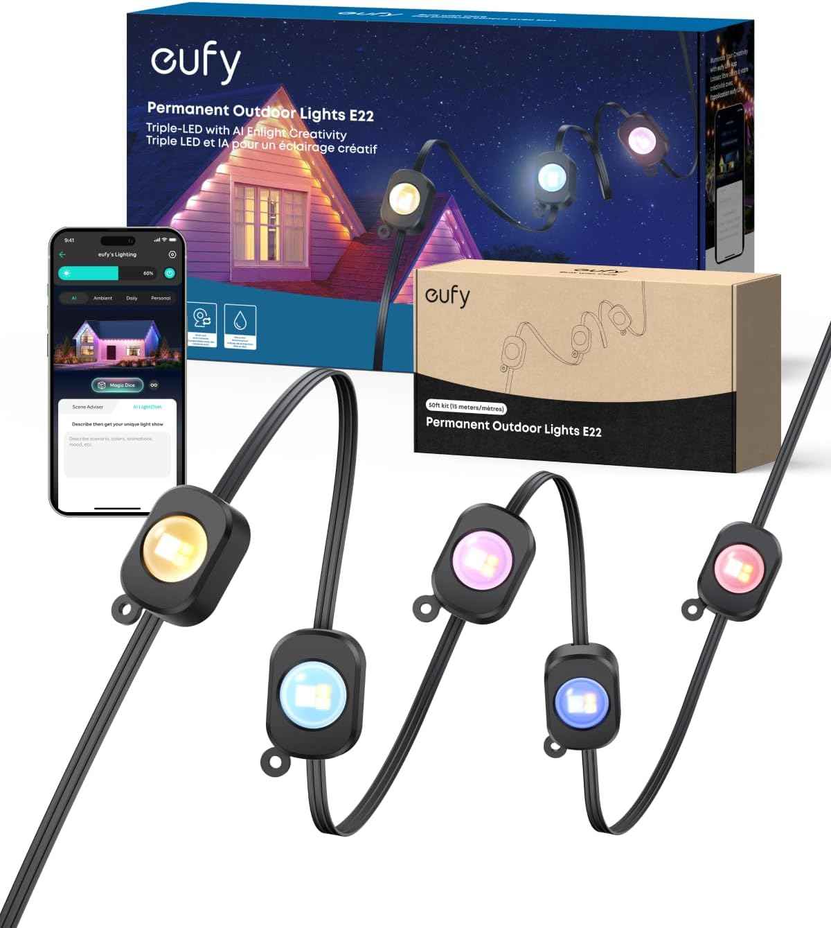 eufy Permanent Outdoor Lights E22, 100ft with 60 Triple-LED Lights, Smart RGBWW for Christmas, Daily and Holiday, IP67 Waterproof, AI Lighting Themes for Christmas Decorations, Links with Cameras