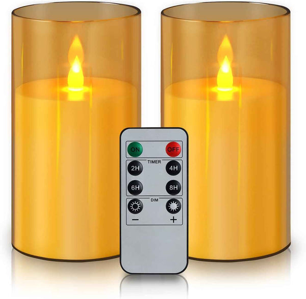 Flameless Candles 4" 5" 6" Set of 3 Acrylic Glass Pillars 3" Diameter Battery Operated Flickering Candles Include 10-Key Remote with Timer Function 400+ Hours (Gray, Warm Light 3 Pack)