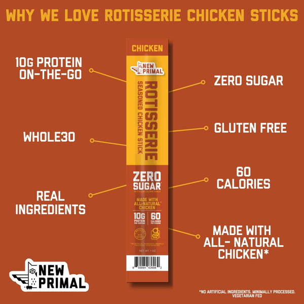 New Primal Rotisserie Chicken Sticks, Zero Sugar, High Protein, Gluten Free, 5 Count
