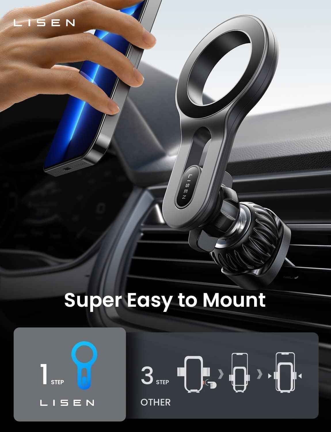 LISEN for MagSafe Car Mount, 2026 Magnetic Phone Holders for Car Air Vent Phone Mount [Ultra-Magnetic] Hands Free Cell Phone Holder Strong Clip Car Accessories for Men Women fit iPhone 17 16 15 14 Pro