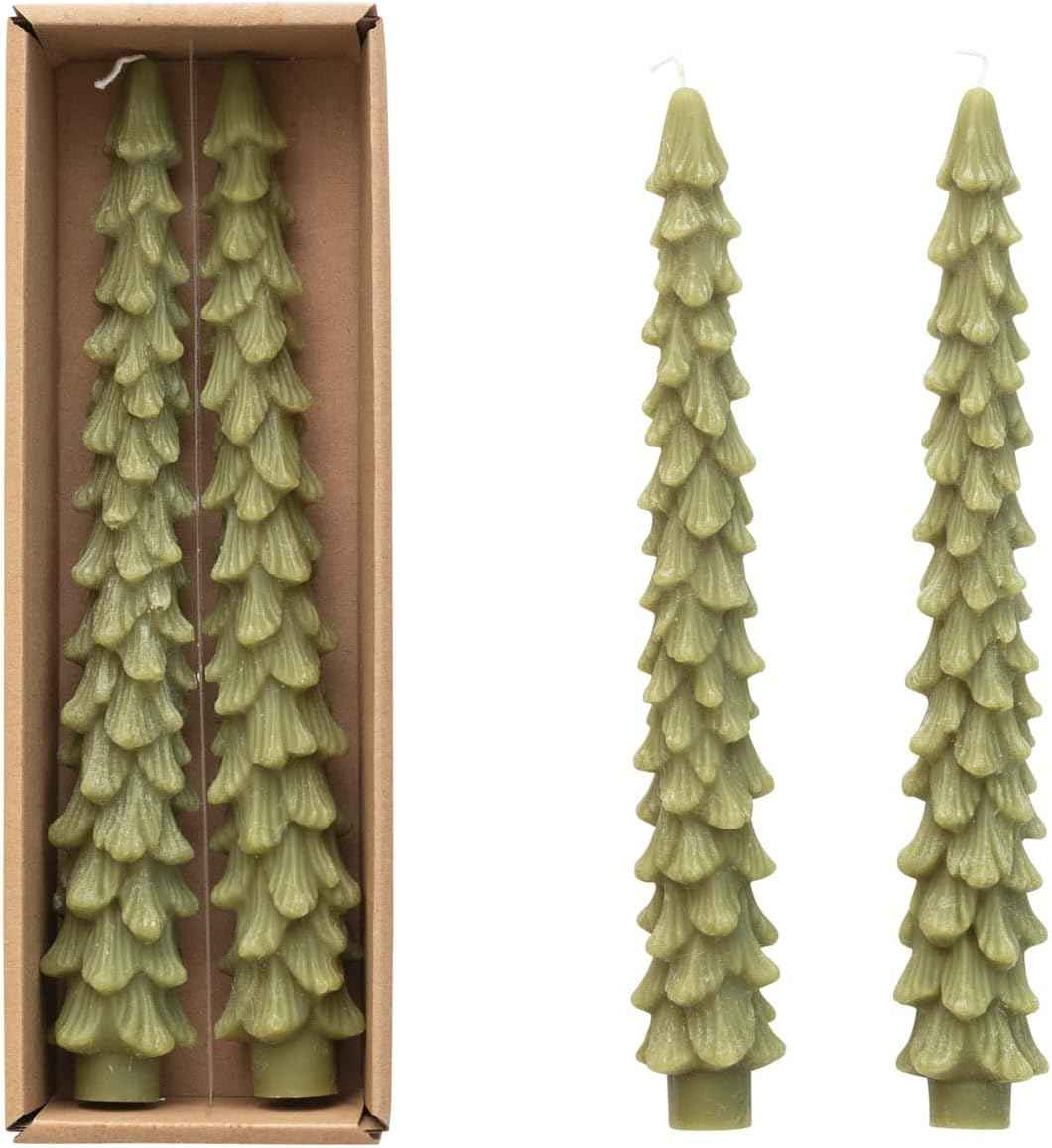 Creative Co-Op Unscented Tree Shaped Taper Candles, Evergreen, Boxed Set Of 2
