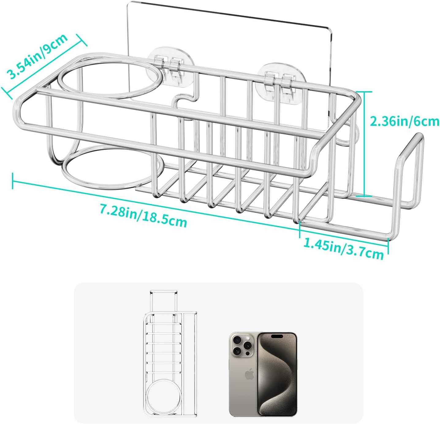 HapiRm 4 in 1 Sink Caddy Sponge Holder, SUS304 Stainless Steel Kitchen Brush Holder + Dish Cloth Hanger + Soap Rack + Sink Stopper Rack + Sponge Caddy for Kitchen - Silver