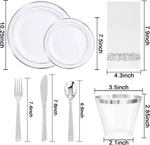 Wellife 700-Piece Silver Plastic Dinnerware Set for 100 Guests, Elegant White and Silver Design