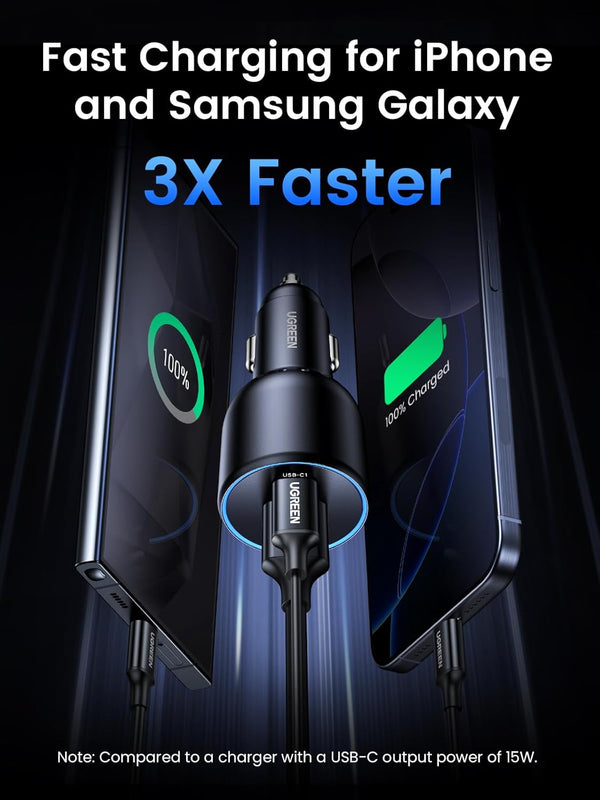 UGREEN 130W USB C Car Charger, PD 100W +PD 30W Type C Car Charger Adapter Compatible with iPhone 17/17 Air/17 Pro/17 Pro Max/16/15/14/13/12 Series, Galaxy S24 S23 Ultra, iPad, MacBook, and More