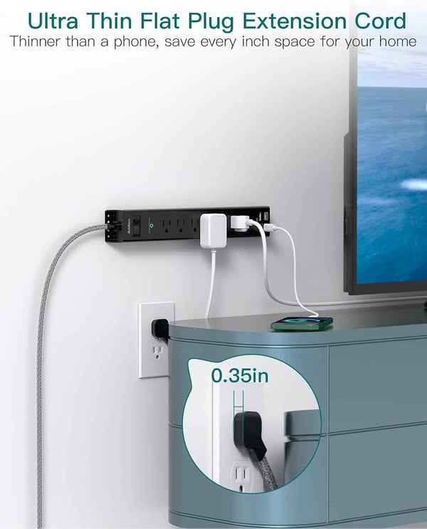 Surge protector power strip with 6 AC outlets and 4 USB ports, flat plug, 1875W/15A, overload protection