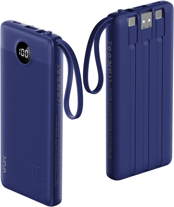 VRURC Portable Charger Power Bank, 10000mAh Travel Essentials Battery Pack, 5 Outputs 2 Inputs Slim Charging Bank Built-in Cables Cords for iPhone 17 16 15 14 13,Samsung,Android-Lavender(1 Pack)