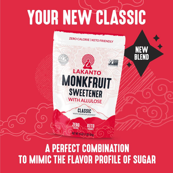 Lakanto Classic Monk Fruit Sweetener with Allulose, Gluten Free, Zero Calorie, Low Carb, Non GMO, Keto, 1 lb White Sugar Substitute