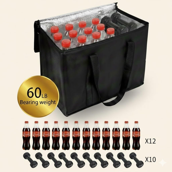 2-Pack, XL-Large Insulated Grocery Shopping Bags, Black, Reusable Bag,Thermal Zipper,Collapsible,Tote,Cooler,Food Transport hot and Cold,Camping