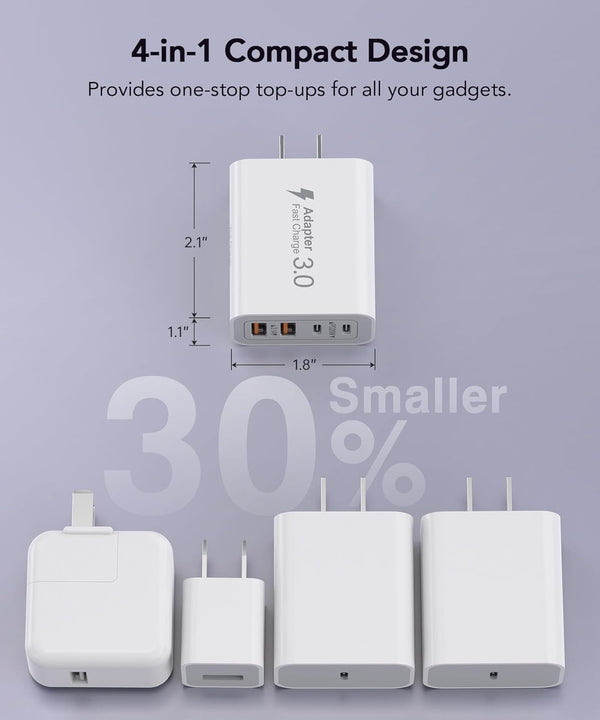40W USB C Charger Block, 4-Port Fast Charging Brick for iPhone and Samsung Devices