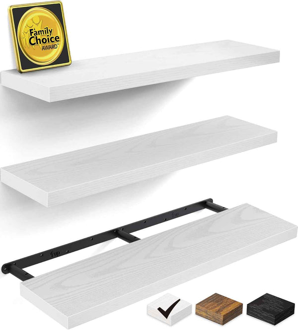 BAYKA Floating Shelves for Wall, Wall Mounted Rustic Wood Shelves for Bathroom, Bedroom, Living Room, Kitchen, Hanging Shelf for Books/Storage/Room Decor with 22lbs Capacity (Black, Set of 3, 15.7in)