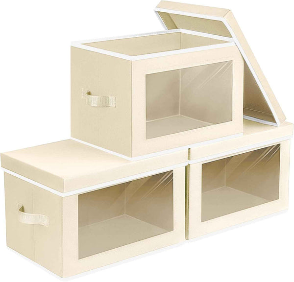 Storage Bins with Lids - Fabric Closet Storage Bins with Window, Collapsible Baskets for Shelves 4 Pack, Home Decorative Boxes for Clothes, Closet, Office, Grey