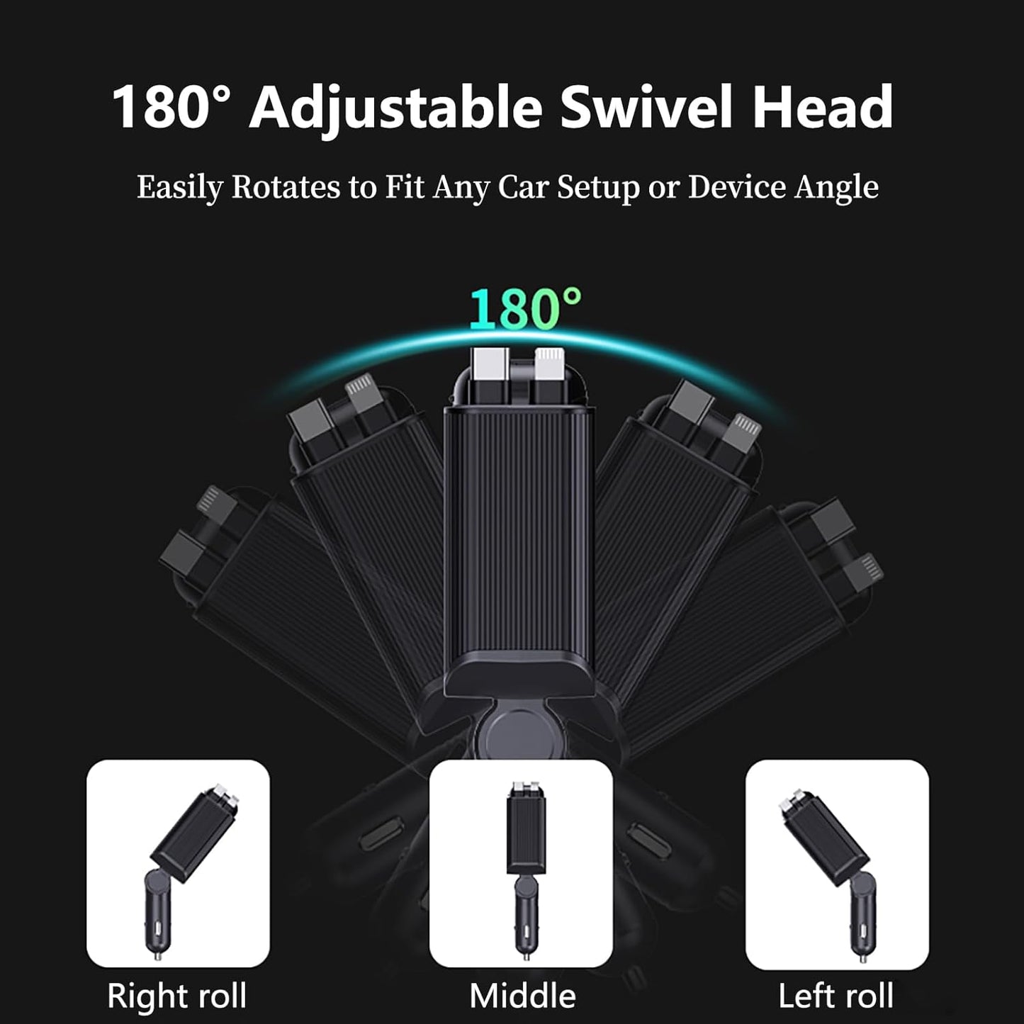 MLVOC 120W Fast Charging Car Charger with Earbuds, Retractable 4-in-1 USB-C & Lightning for iPhone & Android (Black) - Rayz Mart