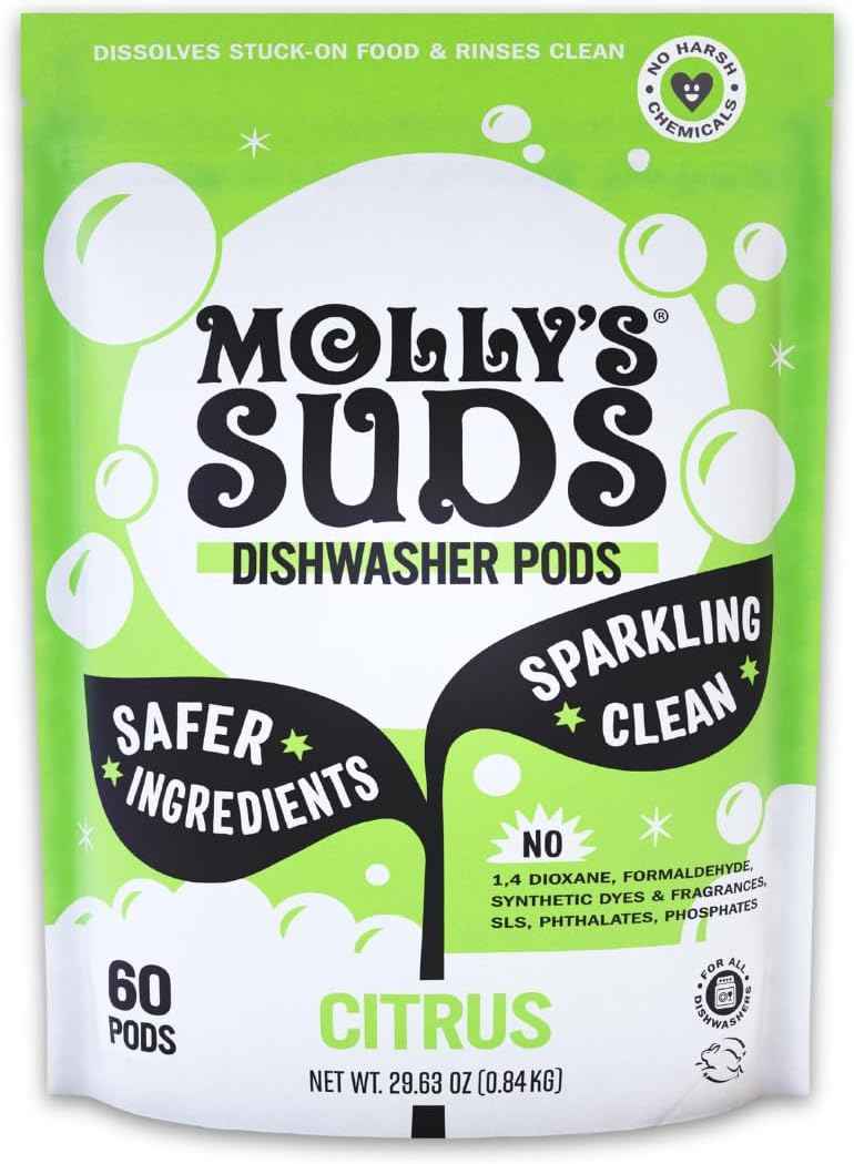 Molly's Suds Dishwasher Pods | Clean Dishwasher Detergent, Cuts Grease & Rinses Clean (Residue-Free) for Sparkling Dishes | 60 Auto-Release Tabs (Unscented)