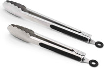 304 Stainless Steel Kitchen Cooking Tongs, 9" and 12" Set of 2 Sturdy Grilling Barbeque Brushed Locking Food Tongs with Ergonomic Grip, Black