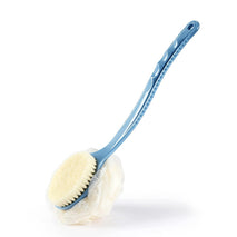 Shower body brush with bristles and loofah for skin exfoliating bath, curved long handle for back and feet, suitable for wet or dry use, men and women, blue