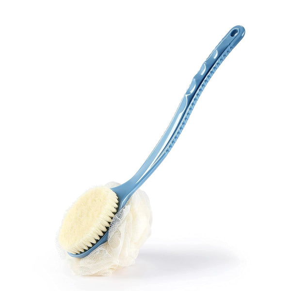 Shower body brush with bristles and loofah for skin exfoliating bath, curved long handle for back and feet, suitable for wet or dry use, men and women, blue