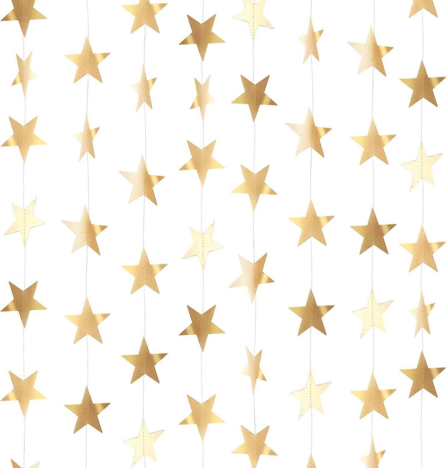 Patelai Glitter Star Garland Banner Christmas Decor 130 Feet Star Hanging Bunting Banner Twinkle Backdrop for Homecoming Classroom Wedding Birthday Halloween Party Supplies(Gold)