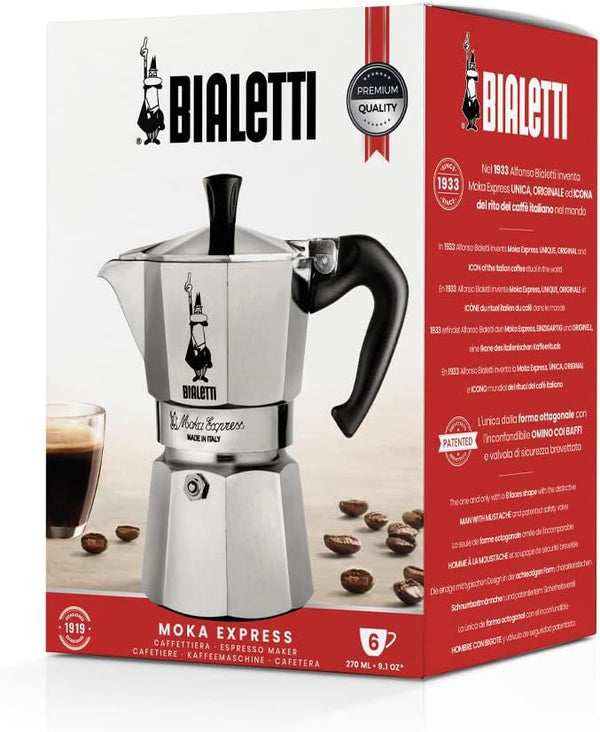 Bialetti Moka Express Stovetop Espresso Maker, Natural Silver, 6 Cups