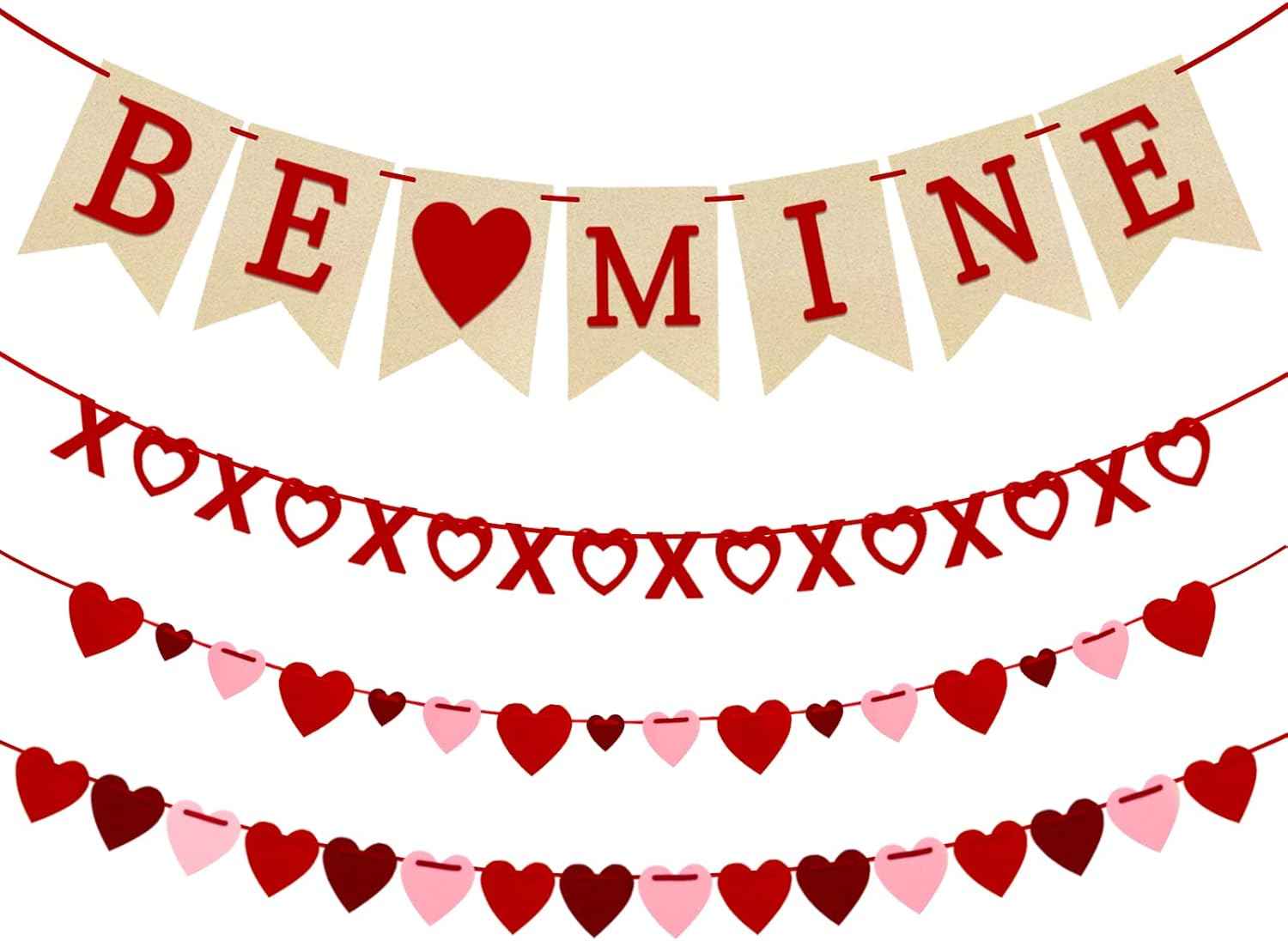 4Pcs Valentines Day Decorations Valentines Day Decor No DIY Required Handmade BE Mine Love Heart XO Garlands Banner for Home Wedding Party Anniversary