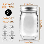 2 Pack Regular Mouth Mason Jars 16oz Glass Canning Jars with Airtight Lids