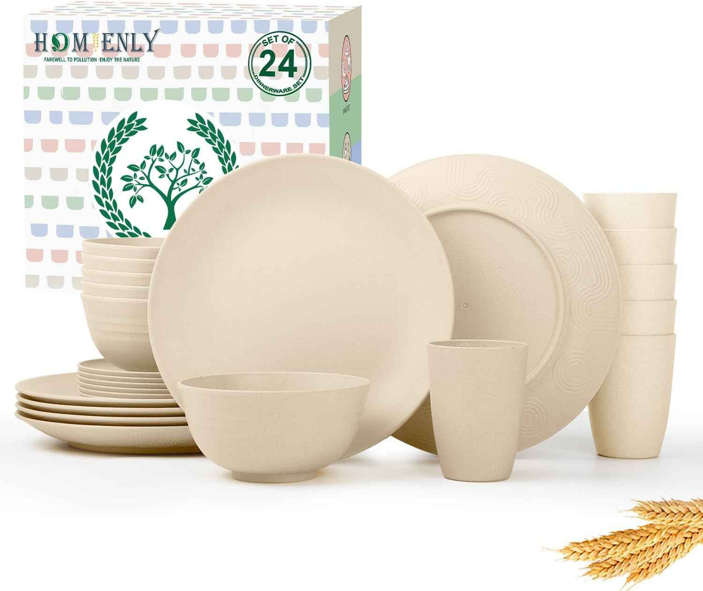 Homienly 40-Piece Premium Wheat Straw Dinnerware Sets, Service for 8, Unbreakable Plates and Bowls Set - Cups Sets, Dinner Plates, Bowls for Kitchen,Dishwasher and Microwave Safe Dishes Set - Multi