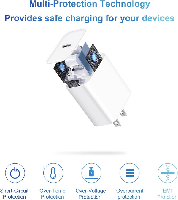 Fast Charging 20W PD USB C Wall Charger with 6FT Cable for iPhone and iPad