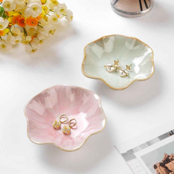 Lotus Leaf Shape Pink Ceramic Trinket Tray Jewelry Dish Organizer Necklace Earrings Home Decoration Key Bowl