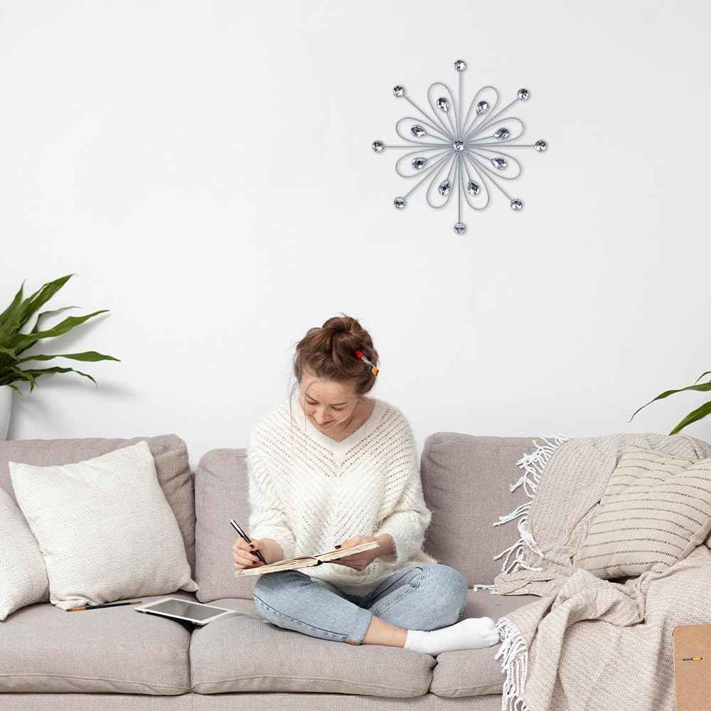 hogardeck Metal Flower Wall Decor, 11inch Silver Metal Jeweled Wall Art Bling Crystal Home Décor, Sun Burst Rhinestone Wall Hanging Diamond Accents for for Indoor, Outdoor, Living Room, Bedroom