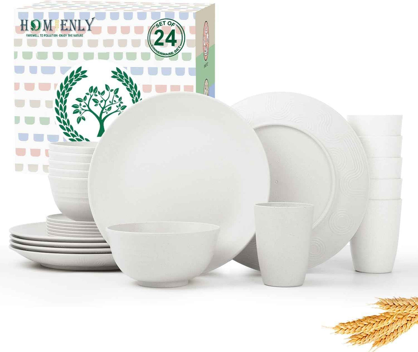 Homienly 40-Piece Premium Wheat Straw Dinnerware Sets, Service for 8, Unbreakable Plates and Bowls Set - Cups Sets, Dinner Plates, Bowls for Kitchen,Dishwasher and Microwave Safe Dishes Set - Multi