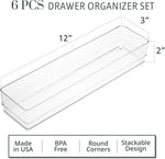 6-piece clear plastic drawer organizer set for makeup vanity and office desk