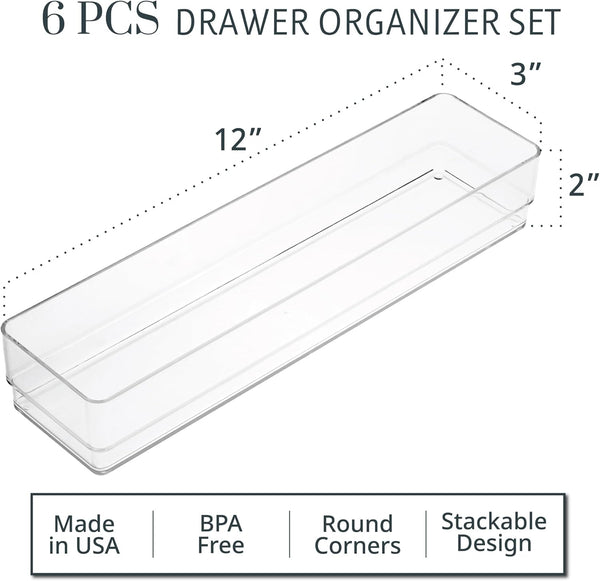 6-piece clear plastic drawer organizer set for makeup vanity and office desk