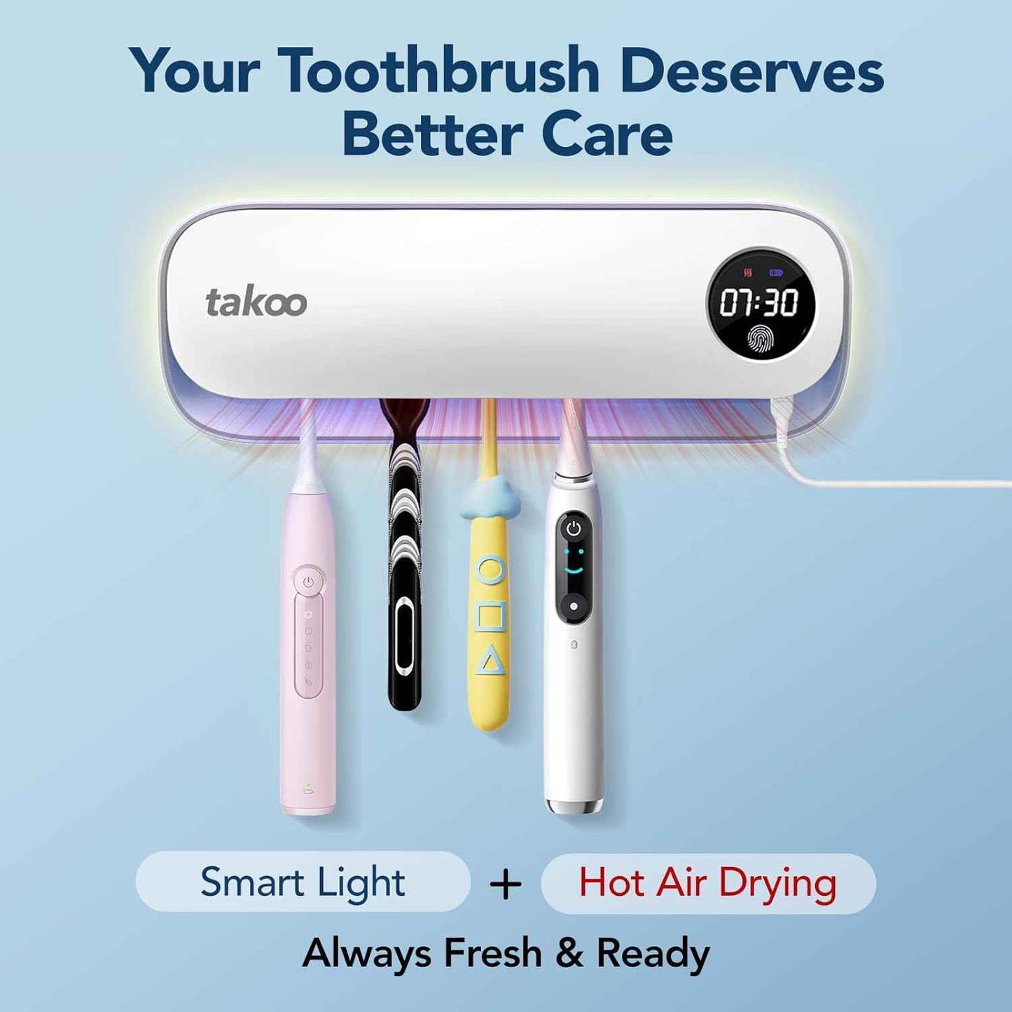 Takoo Toothbrush Cleaner, 4 Slots Wall Mounted Toothbrush Holder for Bathroom, Smart Hot Air Drying Technology, Rechargeable Smart Home Gadget