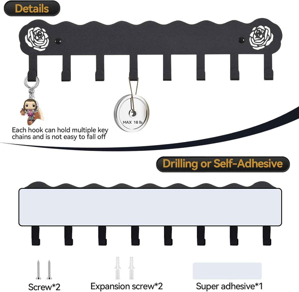 Key Holder Hooks Organizer Hanger Rack Wall Mounted with 8 Hooks, Adhesive Key Holder for Wall, No Drill Modern Key Holder Wall Mount, for Entryway, Kitchen, Hallway, RV Decor （Medium）