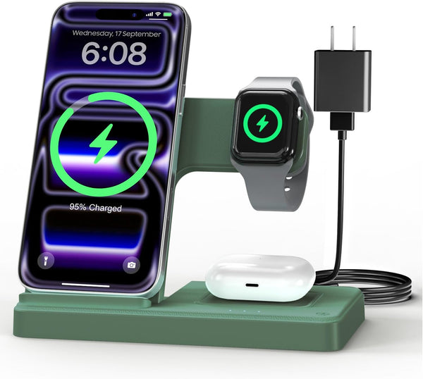Wireless Charger iPhone Charging Station: 3 in 1 Charger Stand Multiple Devices for Apple - iPhone 17 16e 16 15 14 Pro Max 13 12 11 - Watch 11 10 9 8 7 6 5 4 3 2 SE and Ultra Series - Airpods 4 3 Pro